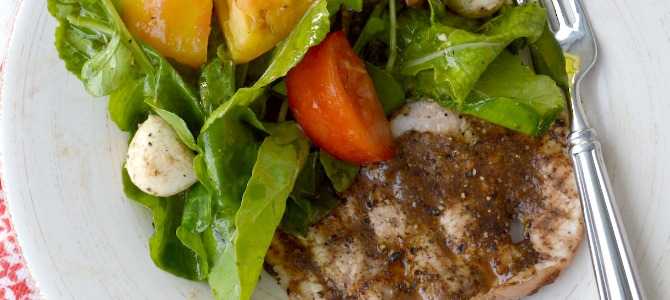 Grilled Honey Mustard Pork Cutlets with Summer Tomato-Arugala Salad Grilled Honey Mustard Pork Cutlets with Summer Tomato-Arugala Salad